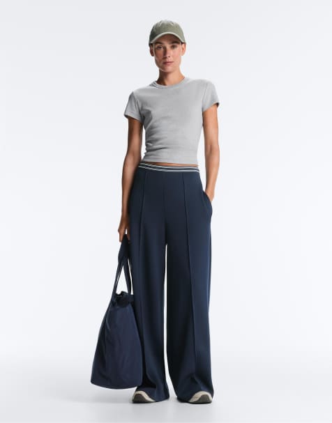 OYSHO – Gerade geschnittene Hose aus Pikee in Marineblau mit Baumwollanteil und farblich abgesetzter Paspelierung - view 1