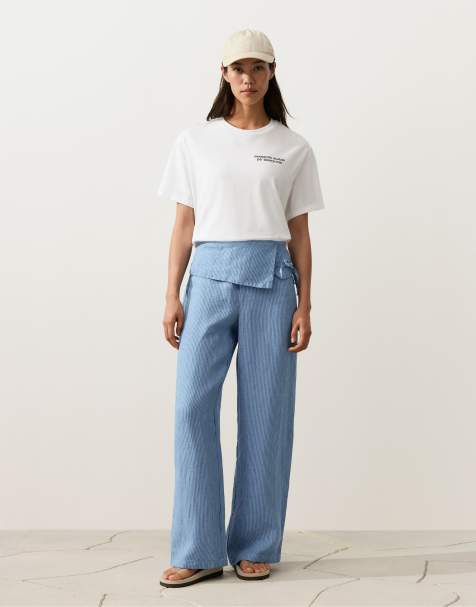 OYSHO – Gerade geschnittene Hose in Blau aus 100% Leinen mit Umschlagbund - view 1