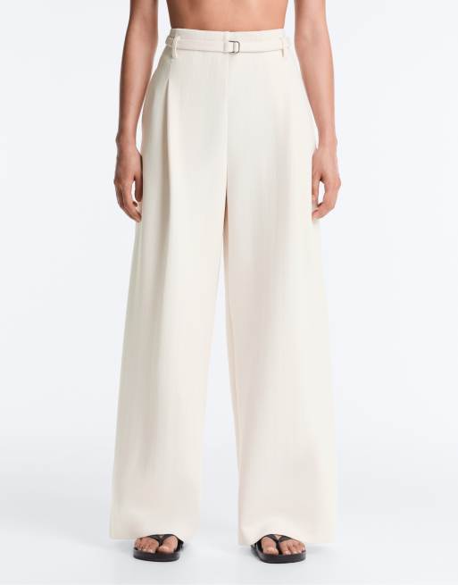 OYSHO gestreifte Baumwoll-Piqué-Hose mit weitem Bein in hellem Ecru, 2 von 4