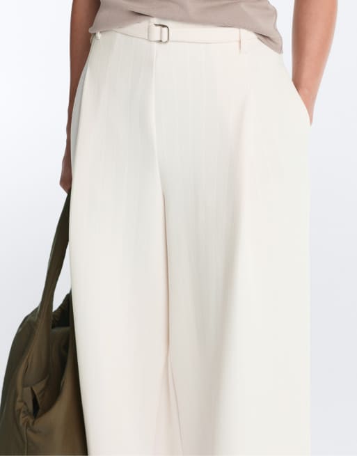 OYSHO gestreifte Baumwoll-Piqué-Hose mit weitem Bein in hellem Ecru, 3 von 4