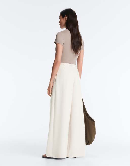 OYSHO gestreifte Baumwoll-Piqué-Hose mit weitem Bein in hellem Ecru, 4 von 4