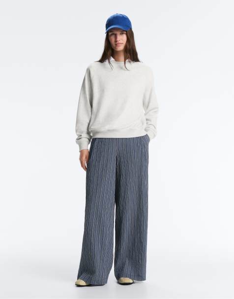 OYSHO – Gestreifte Baumwollmix-Hose in Marineblau mit weitem Bein - view 1