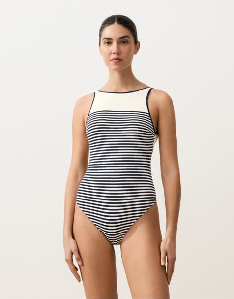 OYSHO – Gestreifter Neckholder-Badeanzug in blassem Ecru - view 1