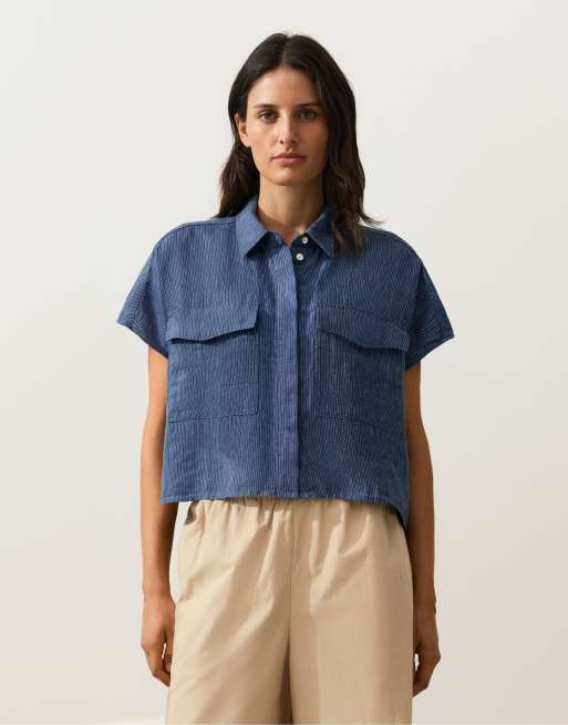 OYSHO – Gestreiftes Hemd aus 100% Leinen in Blau mit Taschen, 2 von 4