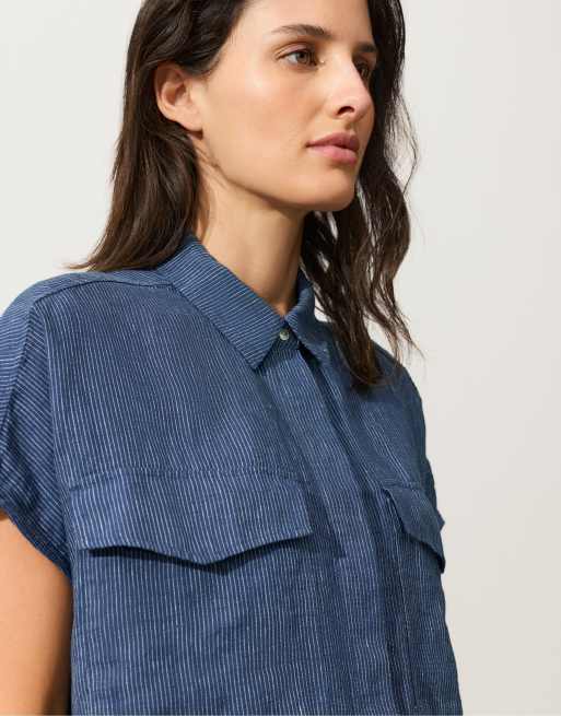 OYSHO – Gestreiftes Hemd aus 100% Leinen in Blau mit Taschen, 3 von 4