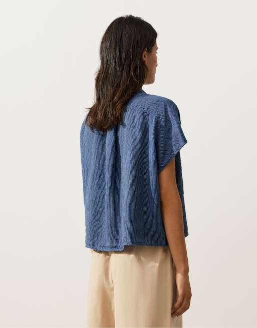 OYSHO – Gestreiftes Hemd aus 100% Leinen in Blau mit Taschen, 4 von 4