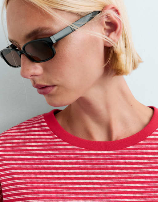 OYSHO gestreiftes, kastiges Langarm-T-Shirt aus Baumwollmix in Rot, 3 von 5