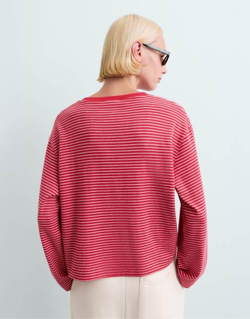 OYSHO gestreiftes, kastiges Langarm-T-Shirt aus Baumwollmix in Rot, 4 von 5