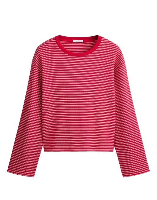 OYSHO gestreiftes, kastiges Langarm-T-Shirt aus Baumwollmix in Rot, 5 von 5