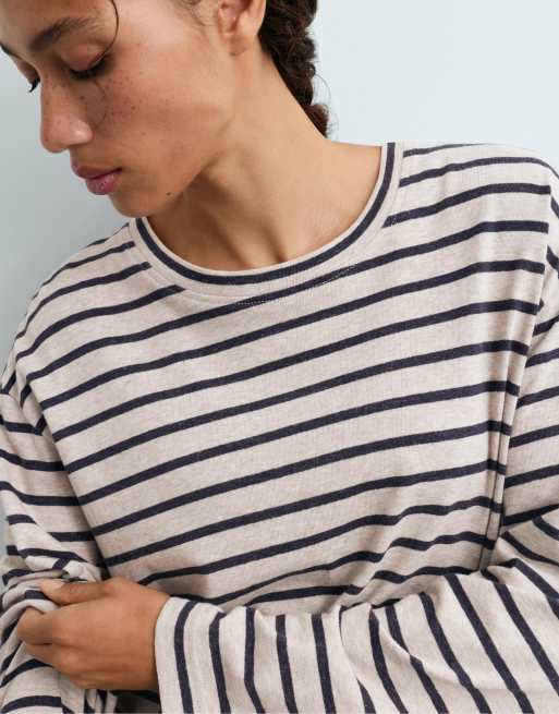 OYSHO gestreiftes Langarm-T-Shirt aus Baumwollmix in Mink-Melange, 3 von 5