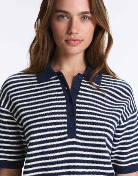 OYSHO – Gestreiftes Strick-Polohemd aus 100% Baumwolle in Marineblau - view 1