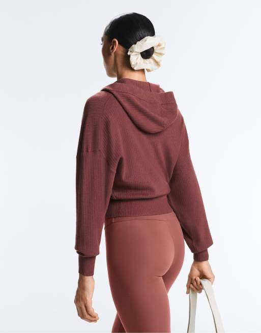 OYSHO - Giacca con cappuccio in maglia a coste color malva, 4 di 4