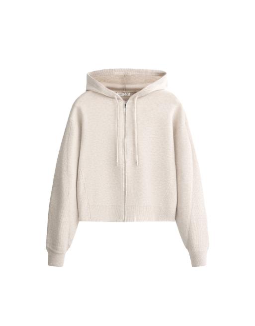 OYSHO giacca con cappuccio in maglia a nido d'ape color crema, 5 di 5