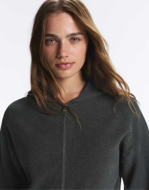 OYSHO giacca con cappuccio in maglia waffle antracite scuro, 4 di 6