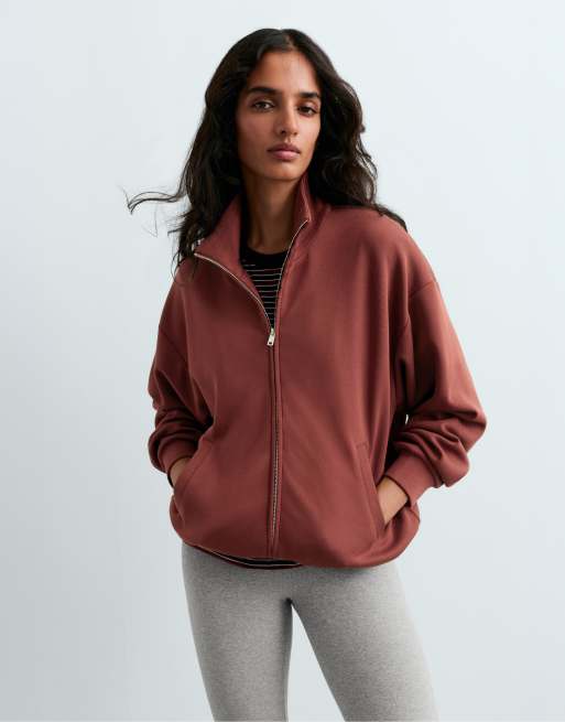 OYSHO giacca con collo alto e zip in marrone, 2 di 5