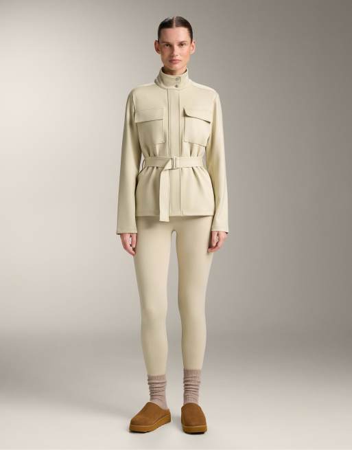 OYSHO - Giacca effetto neoprene marrone con cintura, 3 di 4