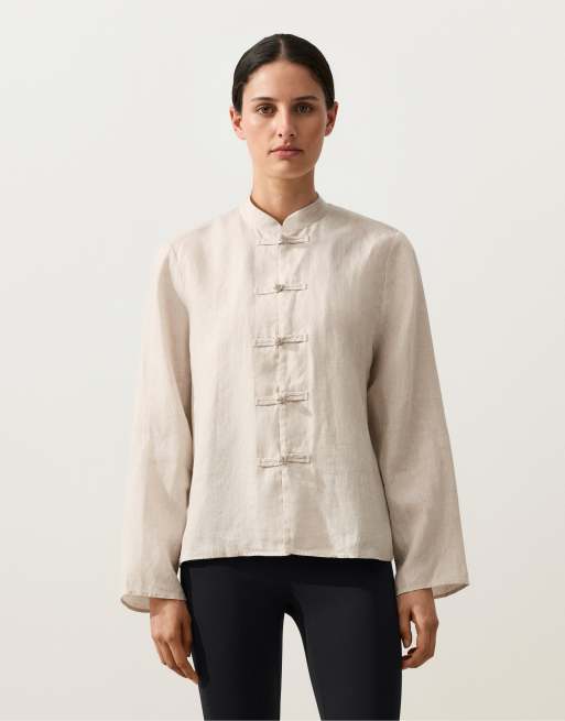 OYSHO - Giacca in 100% lino color sabbia con colletto alla coreana e bottoni