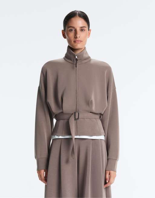 OYSHO - Giacca in morbido modal grigio tortora con cintura stile corsetto