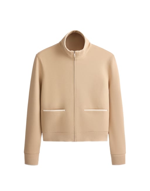 OYSHO - Giacca in piqué di cotone beige con profili a contrasto, 6 di 7