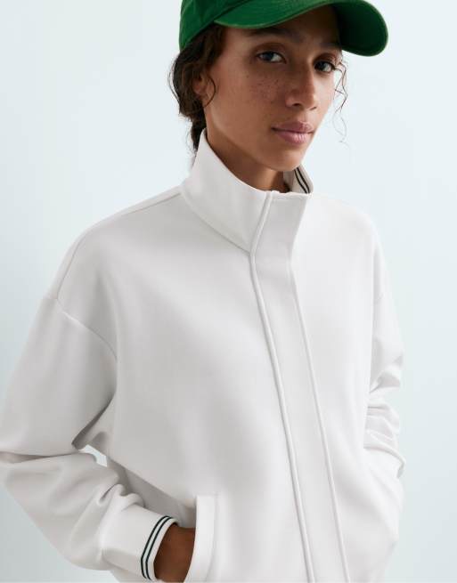 OYSHO - Giacca in piqué di cotone bianco sporco con profili a contrasto, 3 di 7