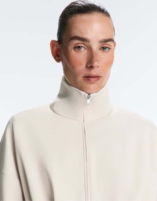 OYSHO - Giacca in piqué di cotone rosa chiaro con cintura e dettaglio pieghe, 3 di 4