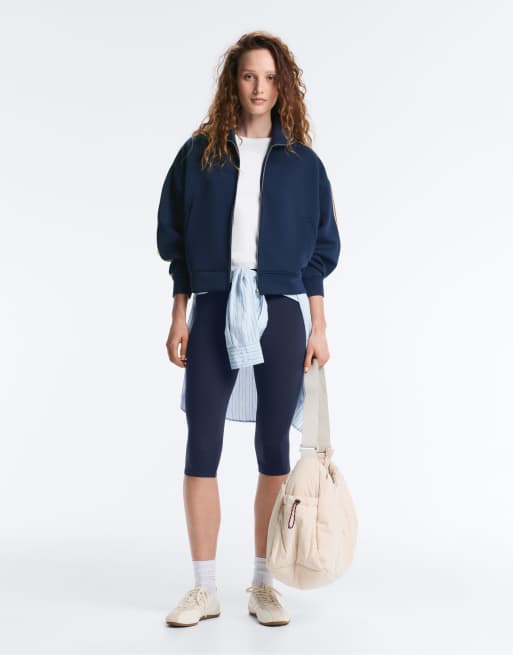 OYSHO - Giacca in twill blu navy con fettuccia laterale, 3 di 4