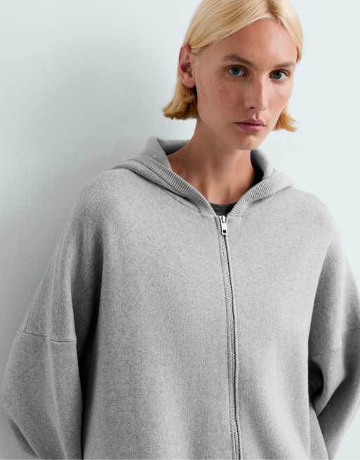 OYSHO giacca lunga in maglia con cappuccio grigio chiaro, 3 di 6