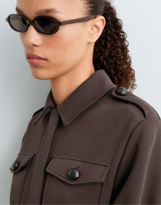 OYSHO giacca lunga in piqué di cotone con tasche marrone, 3 di 6
