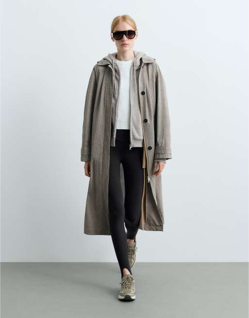 OYSHO giacca lunga leggera impermeabile 10k a quadri color tortora, 1 di 7