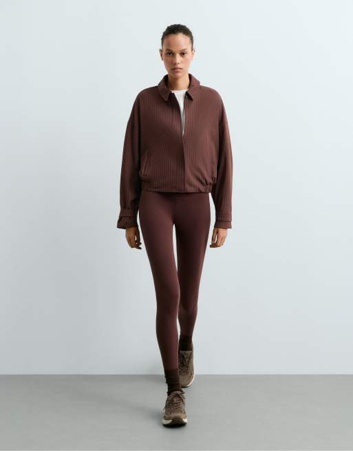 OYSHO giacca polo in piqué a righe sottili con cotone marrone, 2 di 7