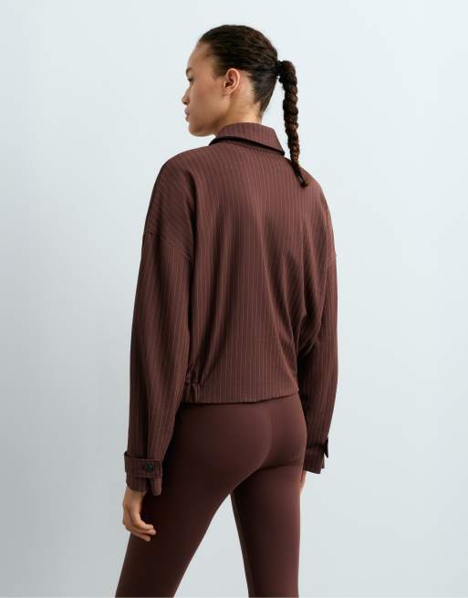 OYSHO giacca polo in piqué a righe sottili con cotone marrone, 4 di 7