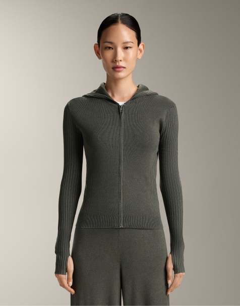 OYSHO - Giacca slim in maglia verde militare con cappuccio - view 1