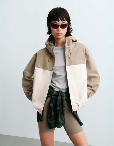 OYSHO giacca tecnica corta in canvas color block impermeabile 10k color ecru chiaro - view 1