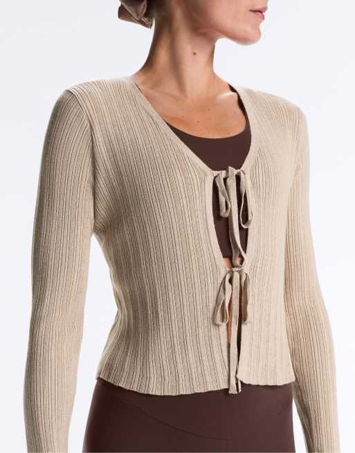 Oysho - Gilet en maille nervurée avec liens noués à l'avant - Sable, 3 de 4