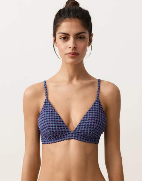OYSHO Gingham triangle bikini top in navy