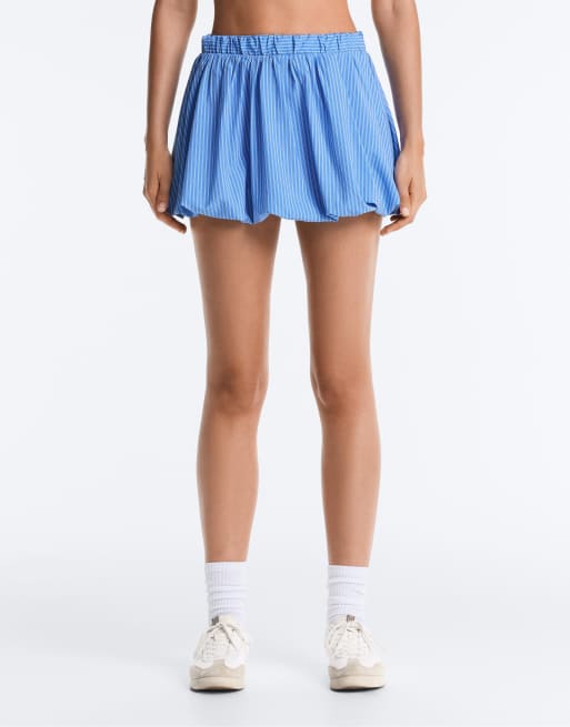 OYSHO - Gonna a palloncino blu a righe modellante a vita alta, 3 di 4