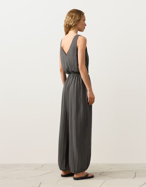OYSHO - Grå lang jumpsuit i 100% bomuld, 3 af 4