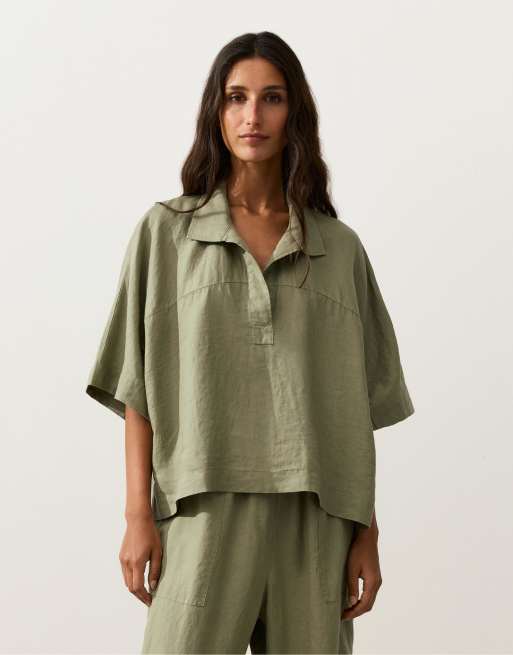 OYSHO - Grøn oversized skjorte i 100% hør med korte ærmer, 2 af 4