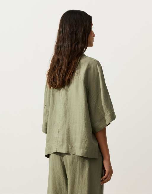 OYSHO - Grøn oversized skjorte i 100% hør med korte ærmer, 3 af 4