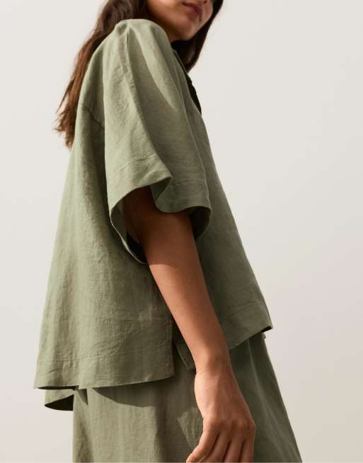 OYSHO - Grøn oversized skjorte i 100% hør med korte ærmer, 4 af 4