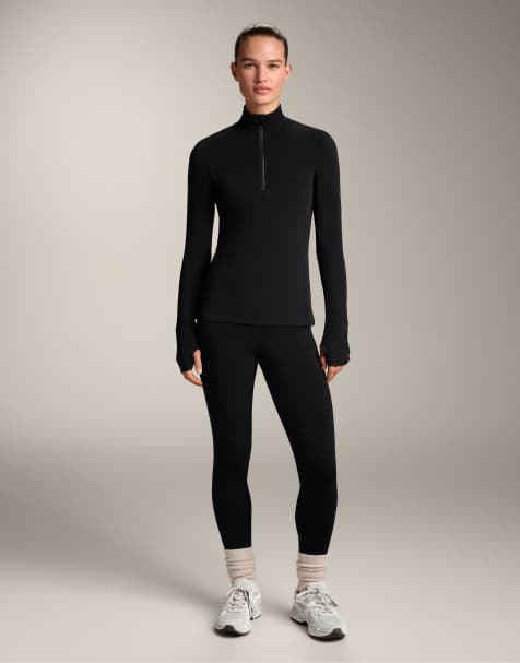 OYSHO Half-zip base layer t-shirt in black - view 1
