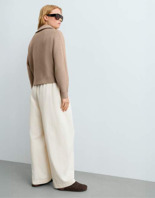 OYSHO Half-zip piping jumper in beige, 4 of 7