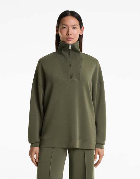 OYSHO Half-zip rib detail sweatshirt with soft-touch modal in green - view 1