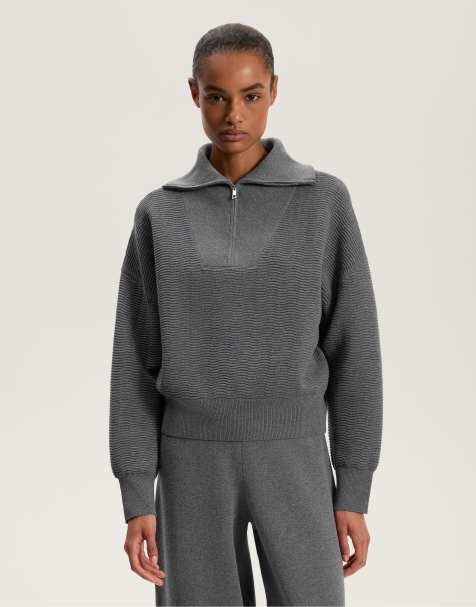 OYSHO Half-zip textured knit jumper in dark-grey melange - view 1
