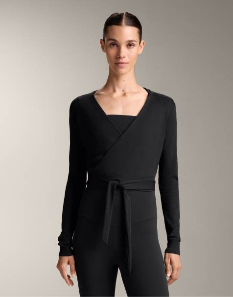 OYSHO Heavy rib cotton blend wrap top with tie in black - view 1