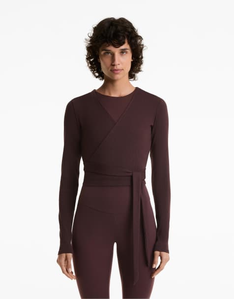 OYSHO Heavy rib cotton blend wrap top with tie in brown - view 1