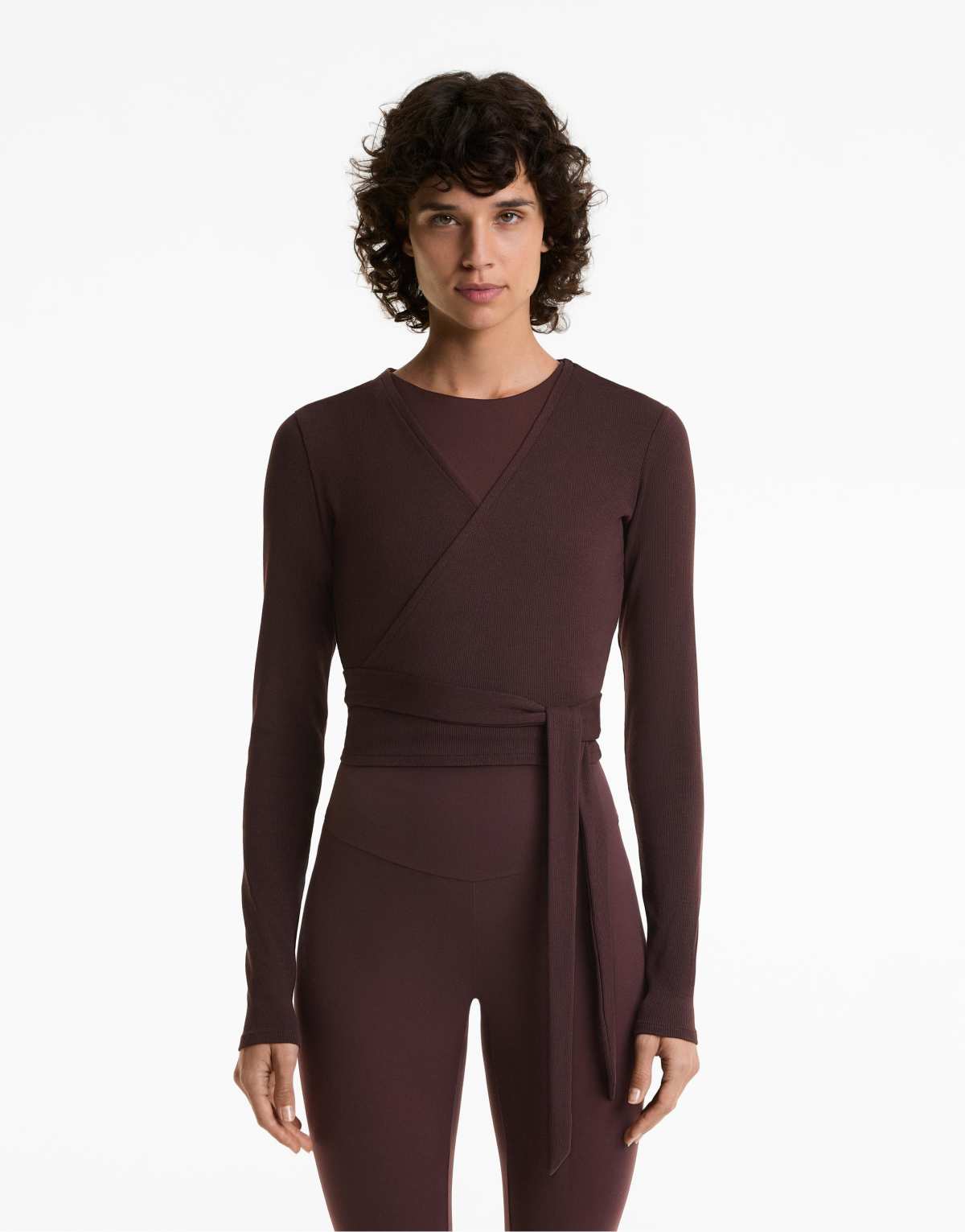 OYSHO Heavy rib cotton blend wrap top with tie in brown