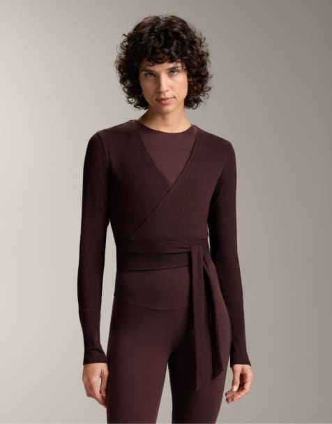 OYSHO Heavy rib cotton blend wrap top with tie in brown