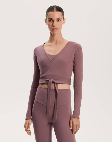OYSHO Heavy rib cotton blend wrap top with tie in pink-mauve - view 1