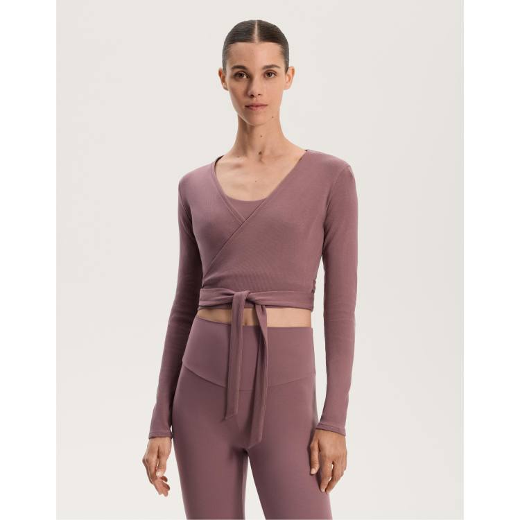 OYSHO Heavy rib cotton blend wrap top with tie in pink-mauve ASOS